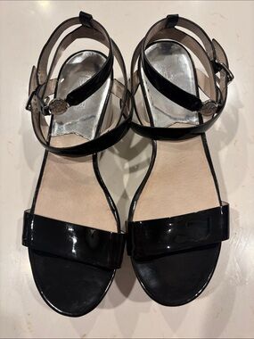 Michael Kors Black Patent Leather Strappy Sandals with Logo Charm
